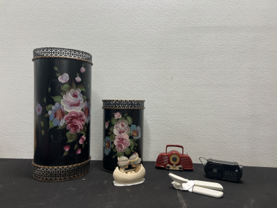 (2) Hand Painted Vintage Metal Bins- Multi purpose- trash can, Vase, Etc, (2) Vintage small Radios and More