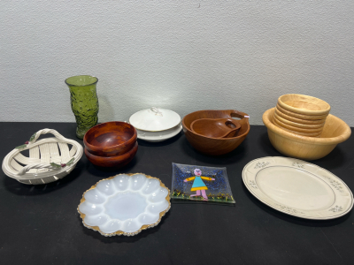 Assorted Kitchenware- Wooden Bowls, Glass Platters, Vases and more!