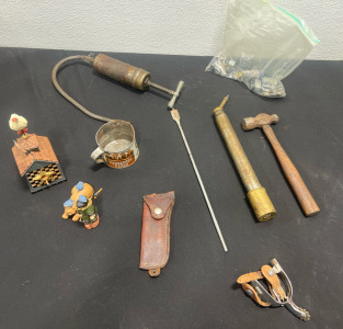 (1)Vintage Hot Rod Rat Rod Greaser (1) Vintage Ponderosa Ranch Tin cup, Leather Sheath and more