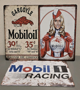 (3) Mobiloil Metal Signs- 8"x12"