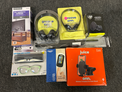 Groove Onn Headphones, Car Dash Mount, Tv Safety Strap and More