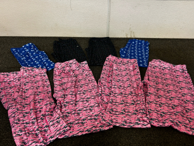 (4) Pairs Of Pink Camo Size 14 Leggings, (2) Pairs Of Black Unicorn Legginngs Size 12, (2) Pair Of Blue Star Leggings Size 8/10,