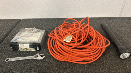 Orange Extension Cord, Flashlight, Car Radio