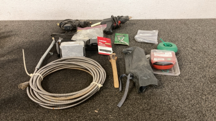 Hot Glue Guns, Door hitch, Rope Cleat, Knife Sharpener, Work Belt, trimmer Spool and line, Magnet Bags, Tent Stakes, Railroad spike, Bait box, Temperature Probe.