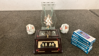 Glass Decor, Swan Candle Holder, Musical Jewelry Box, (4) Sunway Calculators.