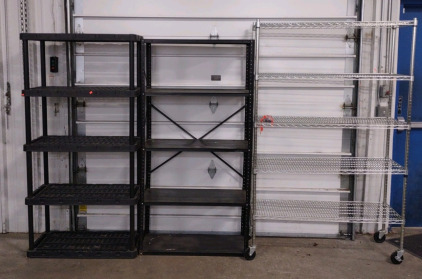 (1) (Black) 5-Teir Plastic Shelf, (1) (Black) 5-Teir Metal Shelf & (1) (Chrome) 5-Teir Metal Shelf w/ Wheels