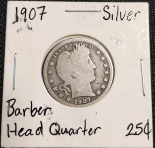1907 Barber Head Silver Quarter