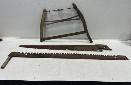 Antique 28&rdquo; Bucksaw, Antique 48&rdquo; Cross Cut Saw, Antique 60&rdquo; 2-Man Logging Saw