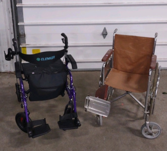 (1) (Purple) Elenker Walker & (1) Everest & Jennings Traveler (Tan Brown) Wheel Chair