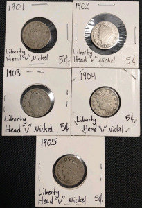 (5) Liberty Head "V" Nickels from 1901-1905