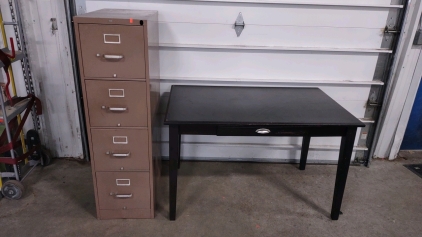 (1) 48"x 30"x 30" (Black) Table w/ 1-Drawer & (1) 15"x 26&frac12;"x 52" 4-Drawer (Tan) Filing Cabinet
