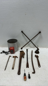 Vintage 4-Way Lug Nut Wrench, Vintage Wards Home Milk Pasteurizer, Pipe Wrench, (1) Crowbar, (2) Pry Bars, Adjustable Wrench, (1) Vintage Small Oil Can, (2) Screwdrivers