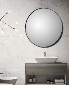 Simmer Stone 31.5" Round Wall Mirror with Black Metal Frame