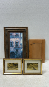 (2) Gold Foil Etching Artworks (11.5&rdquo; x 9.5&rdquo;), (1) Verona Balcony Oil Painting (27.25&rdquo; x 17.25&rdquo;), (2) Unfinished Natural Alder Wood Boards (18&rdquo; x 12&rdquo;)