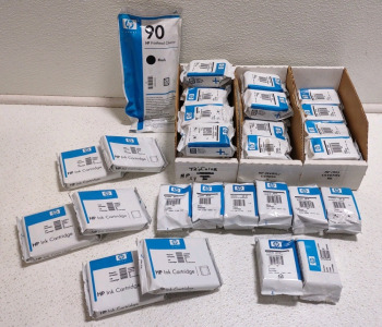 (39) Assorted Small HP Ink Cartridges, (6) Assorted Color Medium HP Ink Cartridges, & (1) HP Print Head Cleaner (Black)