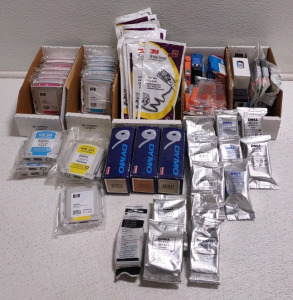(19) Assorted Color HP Ink Cartridges, (1) Apple Color Style Writer Pro Ink Cartridge, (3) Boxes of (10ct. &frac14;"x 12') Dymo Blue Glossy Embossing Tape, (22) Wrist Strap for Computer Upgrades, & More!!!!