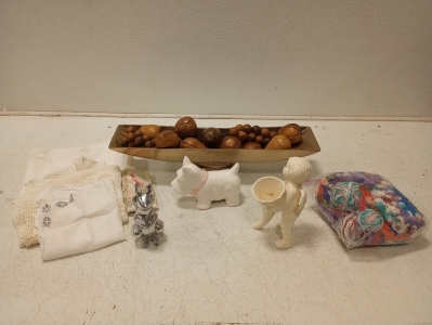 (1) Long Decorative Tray w/ (12) Wood Fruits For Tray, (1) Vintage Cherub White Angel Boy, (1) Easter Bunny Decor, (1) White Scotty Terrier Dog Figurine, (5) Linen, (1) Bag Of Crochet Savers.