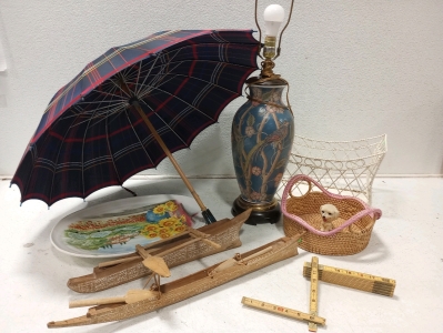 (1) Frederick CooperCeramic Table Lamp, (1) Wooden Hawaiia Catamaran, (1) Apple Juice Vintage Umbrella & More!!