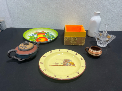 (1)VINTAGE MONTERREY WESTERN WARE Chuckwagon Cowboy Enamelware Plate 50’s, Vintage Clay Teapot And More!!