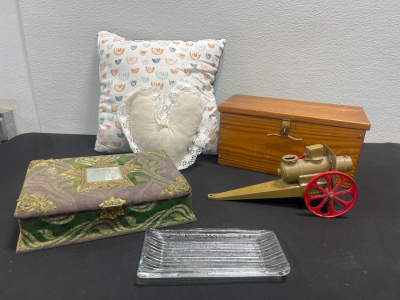 Assorted Vintage Home Decor- Jewelry Box, Bingo Game Box, Pillows and More!