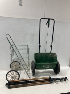 (1) Scotts Seed Spreader, (1)Foldable Wire Cart, (1) Extendable Tripod