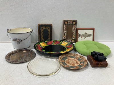 Antique Serving Plate, Antique Poet Book, Picture Frames, Vintage Binoculars w/Case & More