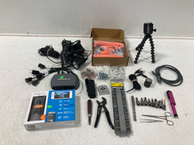 Ring Camera, Box Of Ladder Hooks, Tools, GoPro Tripod & More