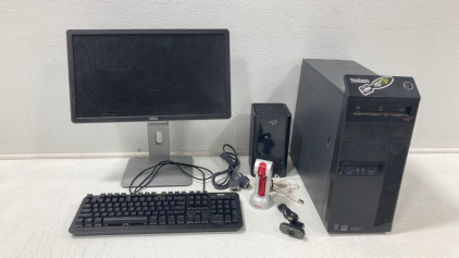 Lenovo ThinkCentre Desktop Computer, 21&rdquo; Dell Monitor, Onn. Keyboard, (2) Desktop Cameras, Hitron Cable Modem, VGA Cable