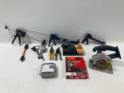 Ryobi Circular Saw w/Battery & Charger, (3) Caulk Guns, Power cord Adapter, Air Compressor Drill & More Tools