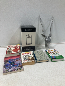 Metal Antelope Head Wall Mount, Candle Warmer Lamp, (5) Books