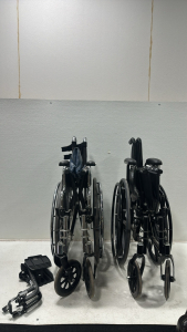 (1) Invacare Silver/Blue Wheelchair, (1) Invacare Black Wheelchair, (2) Wheelchair Feet Rests