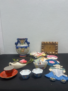 Assorted Vintage Houseware Items, Knitted Hot Pads, Glass Tea Dishes, Glass Vase and more!
