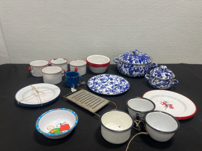 Assorted Blue and Red Metal Kitchenware