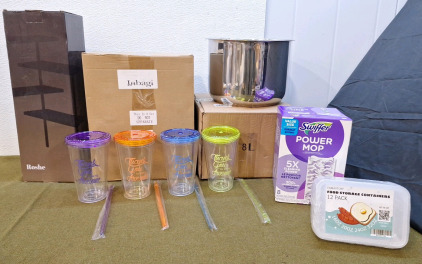 (1) Countertop Corner Shelf, (1) Set Of 12 Reusable Tumblers W / Straws & Lids, (1) 8-Qt Stainless Steel Inner Pot, (1) 12-Pack Of Food Storage Containers & (1) Box Of (8) Swiffer Power Mop Heads