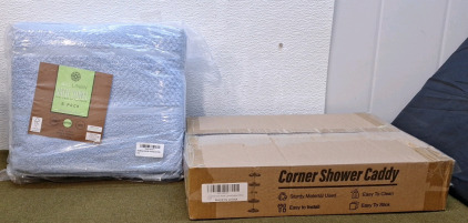 (1) 6-Pack Of BioLinen Bath Towles, 24" x 44", Cotton, Blue & (1) Corner Shower Caddy