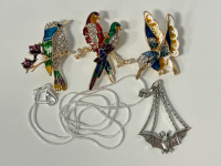 (3) Colorful Hummingbird and Parrot Pins as Well as .925 Flying Bat Necklace