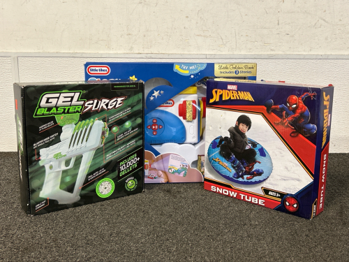 Gel Blaster Surge, Little Tikes Story Dream, and Marvels Spider Man Snow Tube