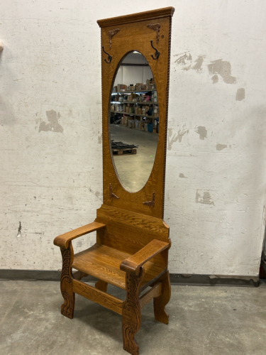 Antique Hall Tree With Mirror/ Bench