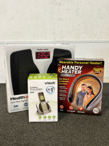 Split Mat Digital Scale, V-Tech Cordless Phone System and Handy Heater