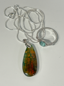 Size 9 Cats Eye Agate Aquamarine Ring and Green/ Brown Dragon Veins Agate .925 Necklace