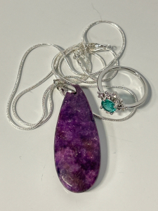 Size 10 Faceted Blue/ Green Oval Cut Ring and Natural Purple Lepidolite Teardrop .925 Necklace