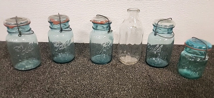 5 Ball Jars .. 1 Milk Bottle