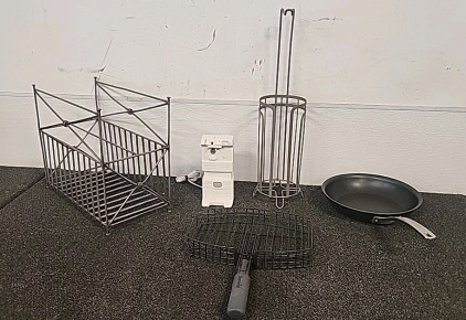 Grill Basket..Skillet.. Electric Can opener... Magazine Rack.. Toilet Paper Roll Holder..