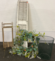 White Window Shudders, Wreath, & Wire Baskets