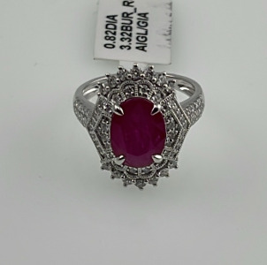 Platinum 3.32ct. Ruby And 0.82ct. Diamond Ring Size 6-1/2 W/ AIGL C.O.A. (Value $18,710.00)