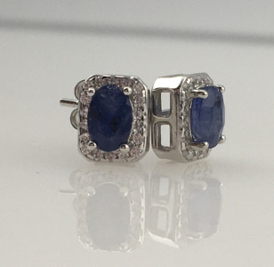 Blue Sapphire and Lab Diamond Silver Earrings