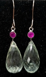 $600 14K Green Amethyst And Ruby 17Ct Earrings