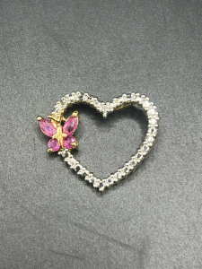 14K Gold And Ruby- Heart And Butterfly Pendant For Necklace