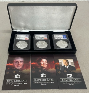 (2) 2020 Bumished Silver Eagle Coin Set (First Day Issue) Named And Signed By John Mercanti, Elizabeth Jones, And Edmund Moy (Carded)