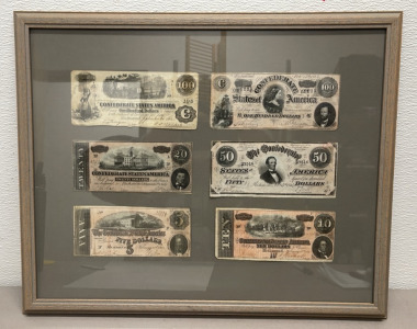 (6) Confederate Bills Dated 1812 Or 1864 Framed W/ Letter Of Provenance